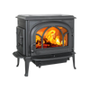 Black cast iron wood heat stove with visible glowing fire inside, featuring detailed arched front window and sturdy legs, ideal for Stoves and Heatstoves collections.