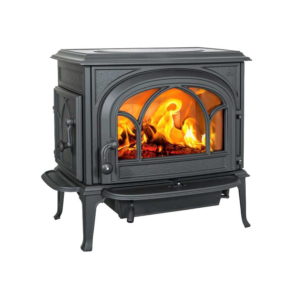 Black cast iron wood heat stove with visible glowing fire inside, featuring detailed arched front window and sturdy legs, ideal for Stoves and Heatstoves collections.