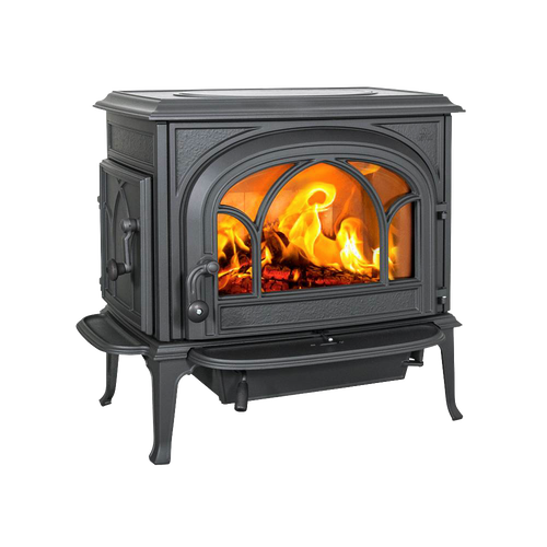 Black cast iron wood heat stove with visible glowing fire inside, featuring detailed arched front window and sturdy legs, ideal for Stoves and Heatstoves collections.