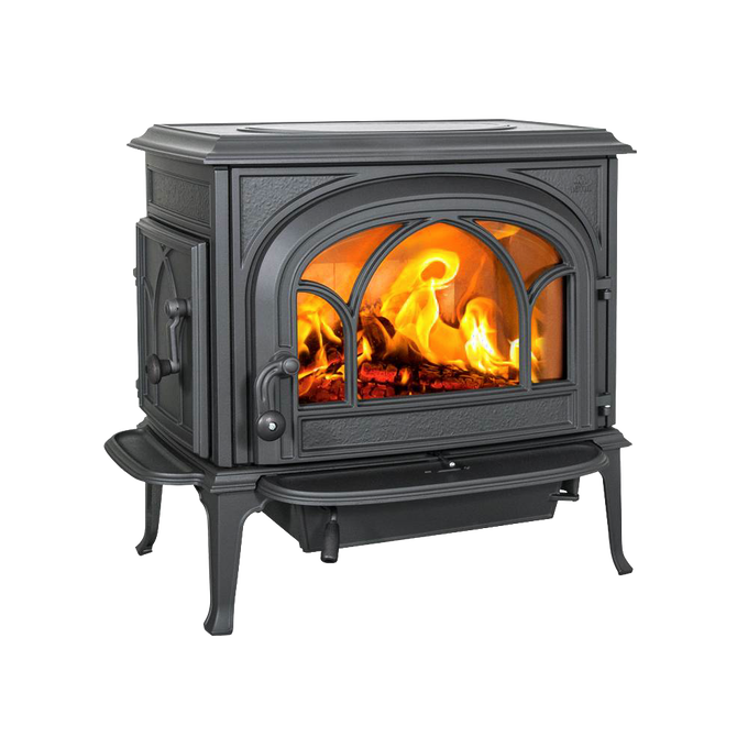 Black cast iron wood heat stove with visible glowing fire inside, featuring detailed arched front window and sturdy legs, ideal for Stoves and Heatstoves collections.