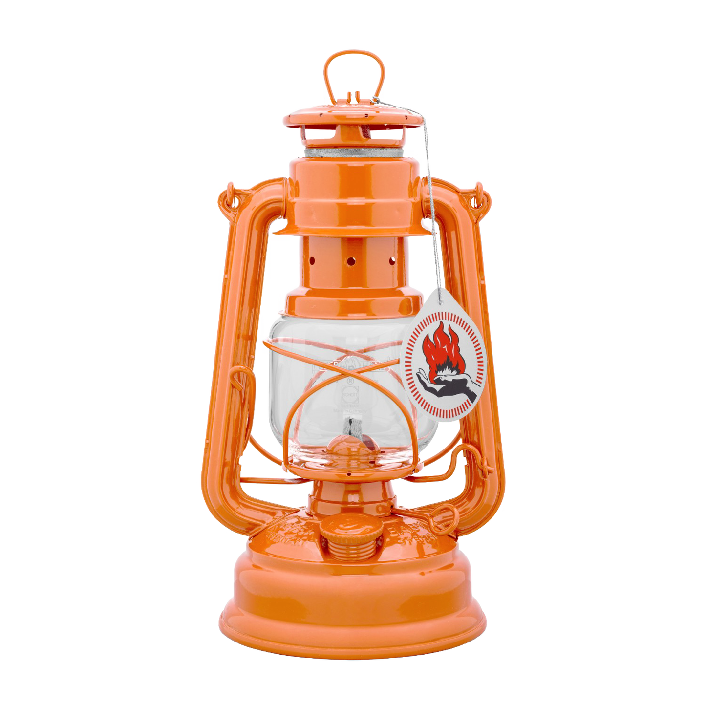 Handcrafted bright orange galvanized oil lantern with durable thermal heat-resistant SUPRAX globe and vintage-style label, perfect for Camping, Lamps & Lighting, and Emergency Supplies collections.