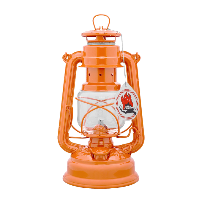 Handcrafted bright orange galvanized oil lantern with durable thermal heat-resistant SUPRAX globe and vintage-style label, perfect for Camping, Lamps & Lighting, and Emergency Supplies collections.