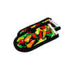Set of two padded hot handle covers with colorful chili pepper print and black trim, designed to protect hands from heat up to 350°F, ideal for Kitchen & Food and Cookware collections.