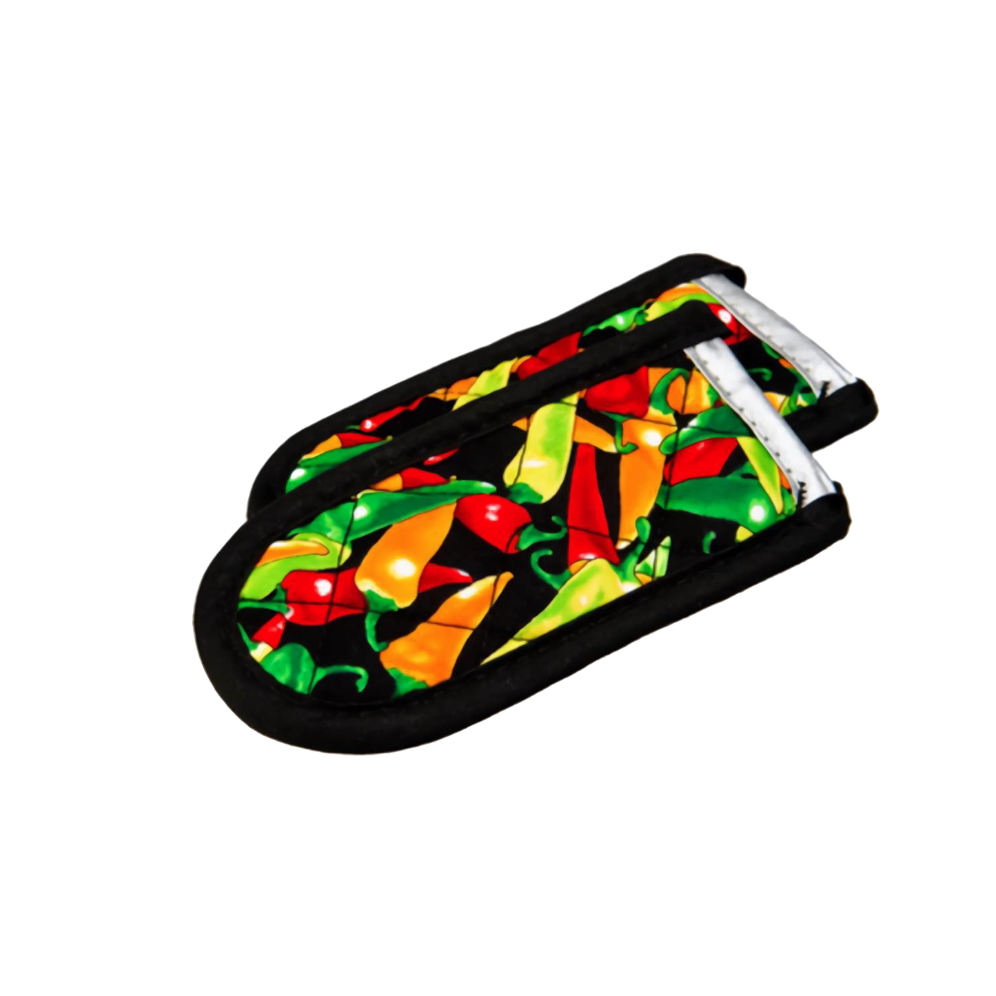 Set of two padded hot handle covers with colorful chili pepper print and black trim, designed to protect hands from heat up to 350°F, ideal for Kitchen & Food and Cookware collections.