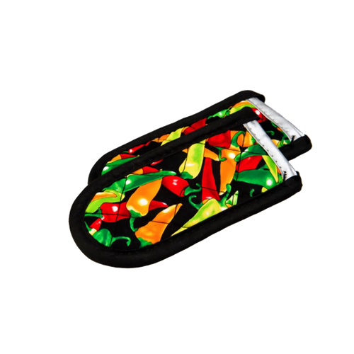 Set of two padded hot handle covers with colorful chili pepper print and black trim, designed to protect hands from heat up to 350°F, ideal for Kitchen & Food and Cookware collections.