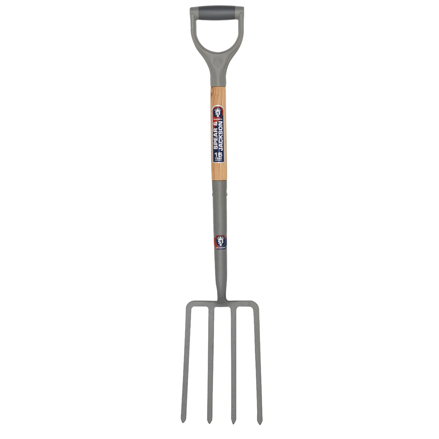 Heavy-duty carbon steel digging fork with a Supergrip handle and wooden grip section, designed for farm, garden, and lawncare tasks, ideal for digging and cultivating.