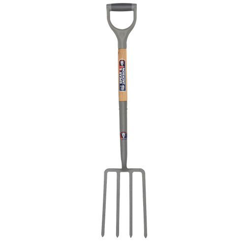 Heavy-duty carbon steel digging fork with a Supergrip handle and wooden grip section, designed for farm, garden, and lawncare tasks, ideal for digging and cultivating.