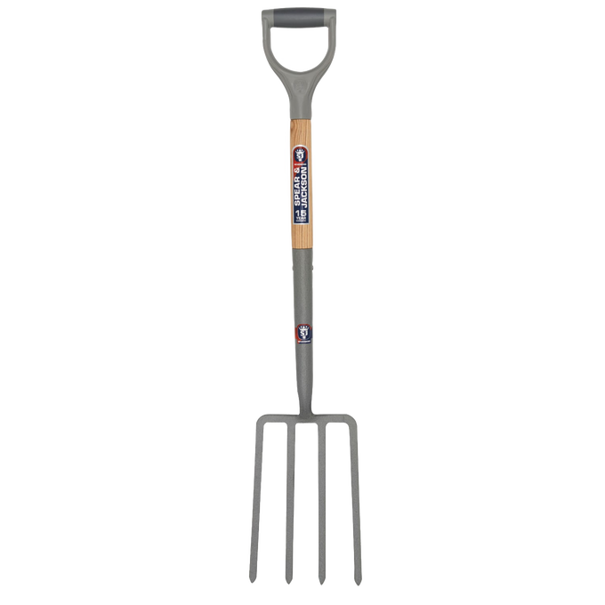 Heavy-duty carbon steel digging fork with a Supergrip handle and wooden grip section, designed for farm, garden, and lawncare tasks, ideal for digging and cultivating.