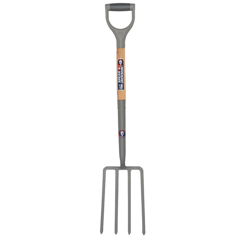 Heavy-duty carbon steel digging fork with a Supergrip handle and wooden grip section, designed for farm, garden, and lawncare tasks, ideal for digging and cultivating.