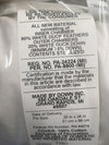 Close-up of a label on a layered feather and down pillow detailing 80% white duck feathers and 20% white duck down filling, with cotton cover, handcrafted in the USA, ideal for Home & Decor, Home Textiles, Best Sellers, and Promo Eligible collections.