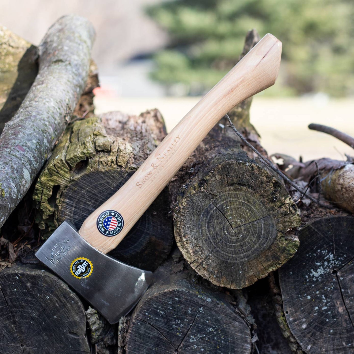 Handcrafted, Amish made outdoorsman belt axe with a hand-tempered steel head and smooth 15" hickory handle, perfect for camping, wood cutting, and outdoor tasks in USA Made collections.