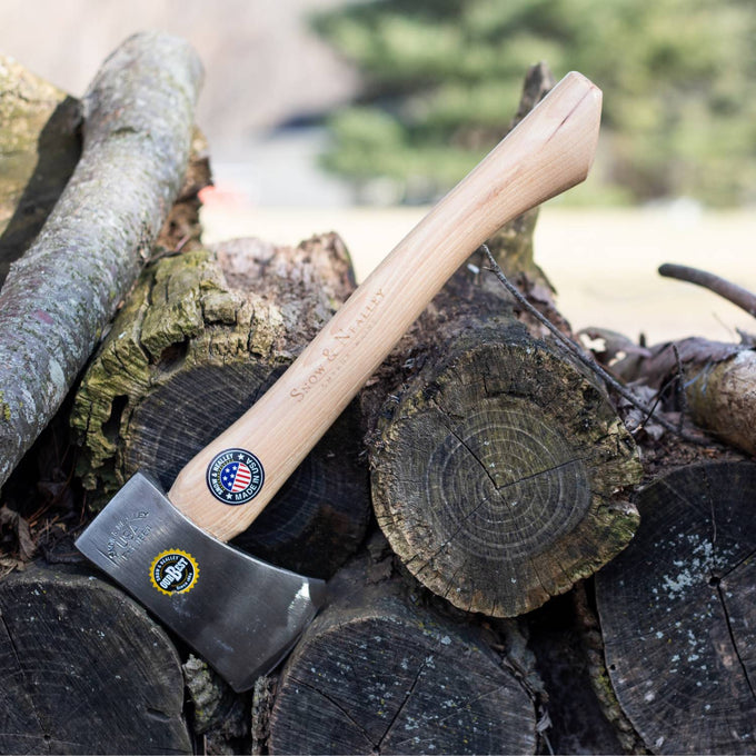 Handcrafted, Amish made outdoorsman belt axe with a hand-tempered steel head and smooth 15" hickory handle, perfect for camping, wood cutting, and outdoor tasks in USA Made collections.