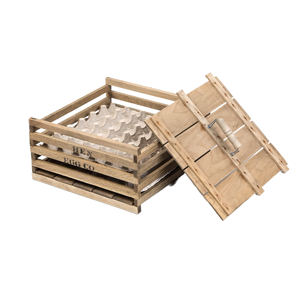 Handcrafted wooden chicken egg crate with a removable lid and slatted sides, designed for safely transporting eggs; perfect for farm, garden, animal care, and chicken accessory use.