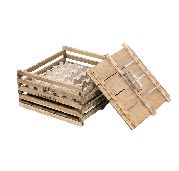 Handcrafted wooden chicken egg crate with a removable lid and slatted sides, designed for safely transporting eggs; perfect for farm, garden, animal care, and chicken accessory use.