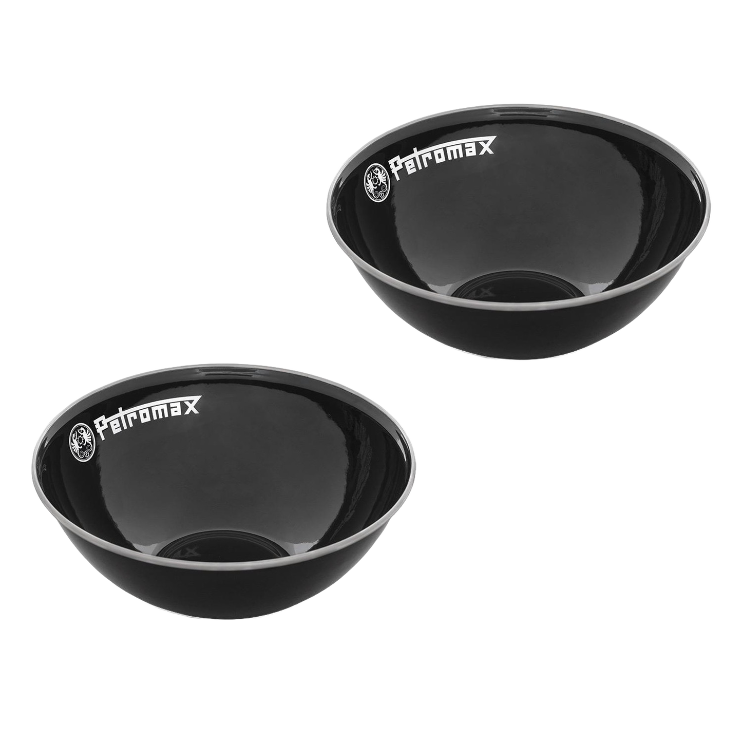 Two black Petromax enamel bowls with white logos, designed for lightweight, durable use resistant to corrosion, heat, and scratches, ideal for Farm, Garden & Tool, Camping, and Dinnerware collections.