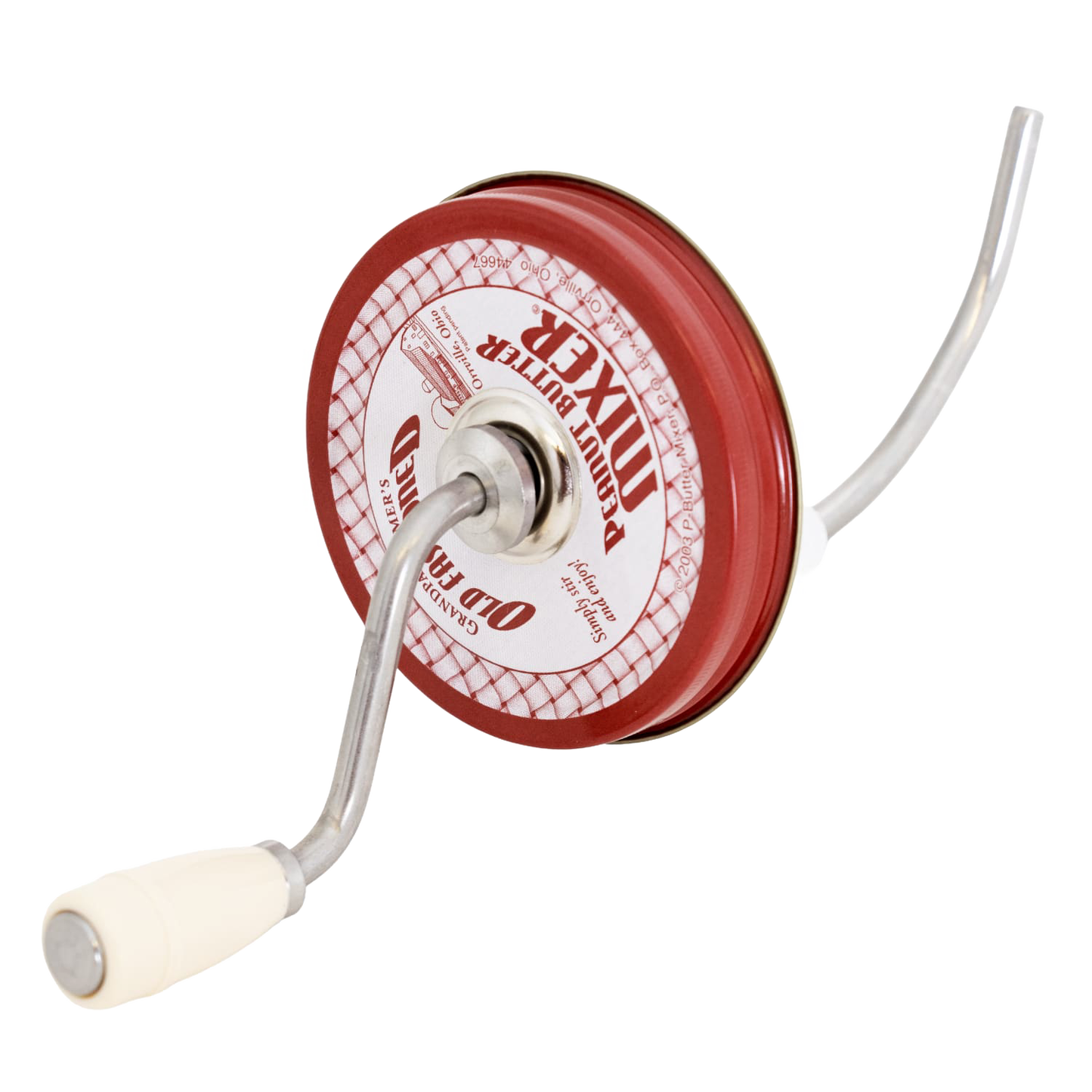 Vintage-style peanut butter stirrer with molded plastic knob and metal crank, designed to mix separated oil in natural peanut butter, crafted in USA, ideal for Kitchen & Food, Food Prep, and USA Made collections.