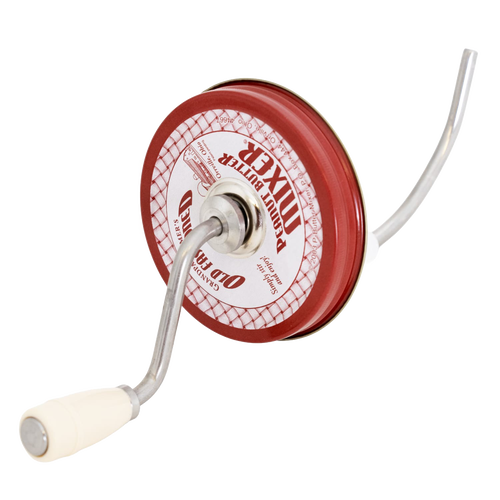 Vintage-style peanut butter stirrer with molded plastic knob and metal crank, designed to mix separated oil in natural peanut butter, crafted in USA, ideal for Kitchen & Food, Food Prep, and USA Made collections.