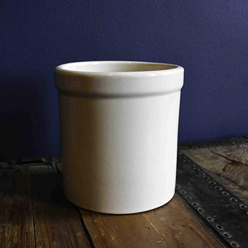 Cream-colored stoneware utility crock with smooth finish and low walls, handcrafted Amish made, ideal for Kitchen & Food, Food Preservation, Fermenting and Pickling, and Best Sellers collections.