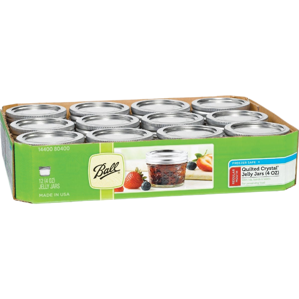 Set of 12 clear glass regular-mouth jelly jars with quilted texture and metal lids, perfect for food preservation, canning, and kitchen use, made in USA and promo eligible.