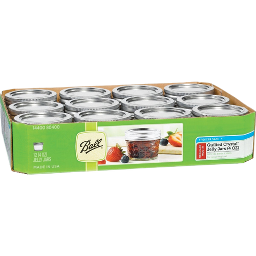 Set of 12 clear glass regular-mouth jelly jars with quilted texture and metal lids, perfect for food preservation, canning, and kitchen use, made in USA and promo eligible.