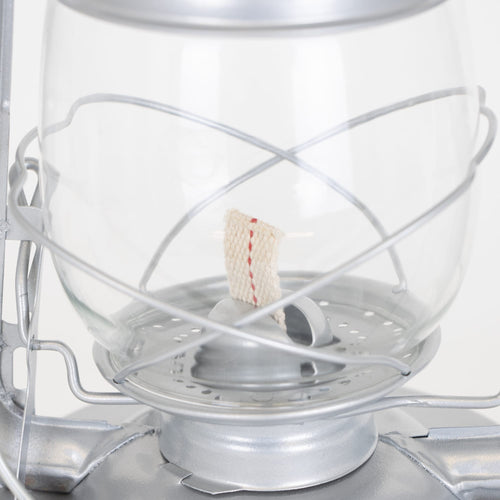 Close-up of the wick and clear glass globe on a handcrafted silver metal Rayo Redi-Lite Lantern with weather-resistant finish, perfect for Farm, Garden & Tool, Camping, and Emergency Supplies collections.