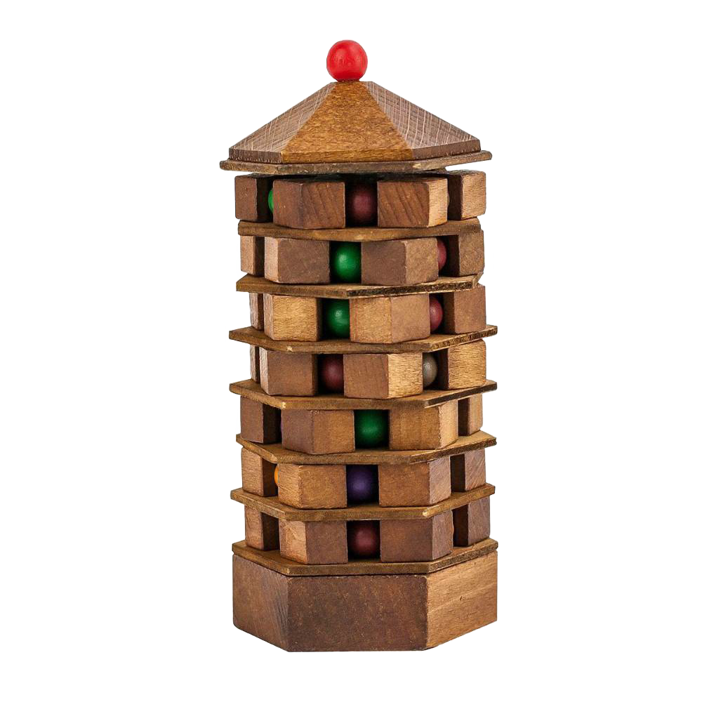Handcrafted wooden brainteaser puzzle shaped like a multi-tiered pagoda tower with colorful beads, ideal for Toys, Games and Puzzles, Children's Toys, and Best Sellers collections.