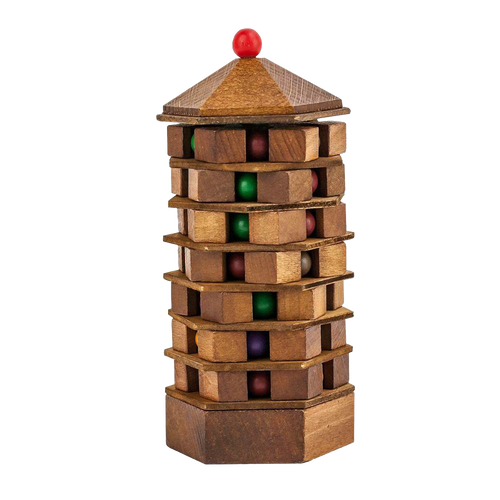 Handcrafted wooden brainteaser puzzle shaped like a multi-tiered pagoda tower with colorful beads, ideal for Toys, Games and Puzzles, Children's Toys, and Best Sellers collections.