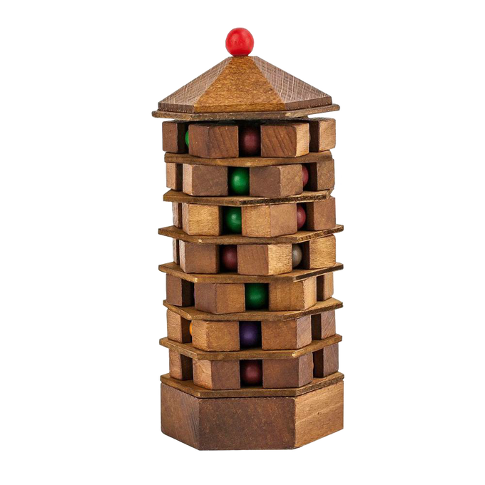 Handcrafted wooden brainteaser puzzle shaped like a multi-tiered pagoda tower with colorful beads, ideal for Toys, Games and Puzzles, Children's Toys, and Best Sellers collections.