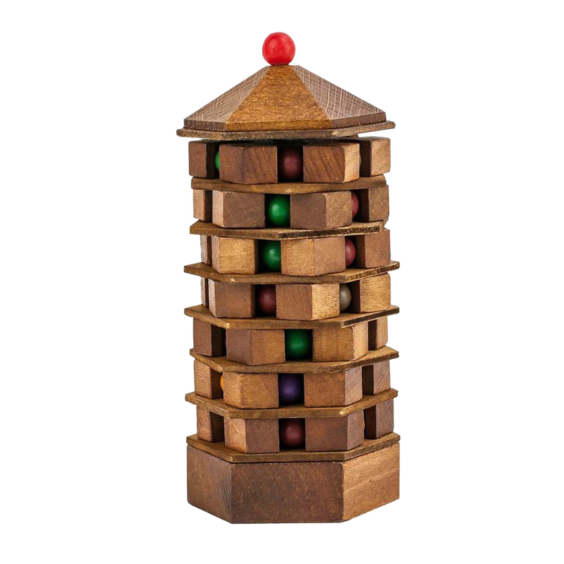 Handcrafted wooden brainteaser puzzle shaped like a multi-tiered pagoda tower with colorful beads, ideal for Toys, Games and Puzzles, Children's Toys, and Best Sellers collections.