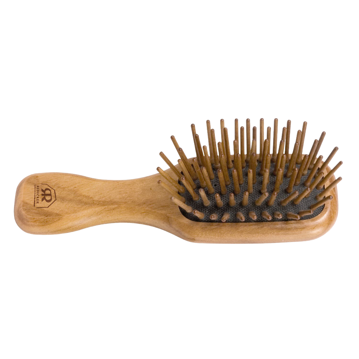 Handcrafted compact hairbrush with olive wood handle and seven rows of straight hornbeam pins for gentle detangling, featured in Health & Wellness, Grooming, and Best Sellers collections.