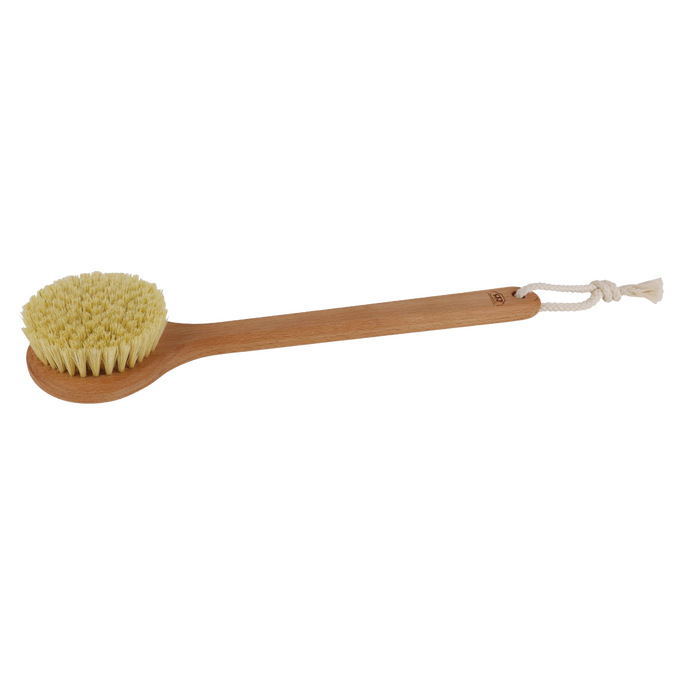 Handcrafted natural bristle bath brush with a smooth oiled beechwood handle and hanging loop, designed for firm exfoliation and invigorating skin care in Health & Wellness, Grooming and Personal Hygiene, Best Sellers, and Promo Eligible collections.