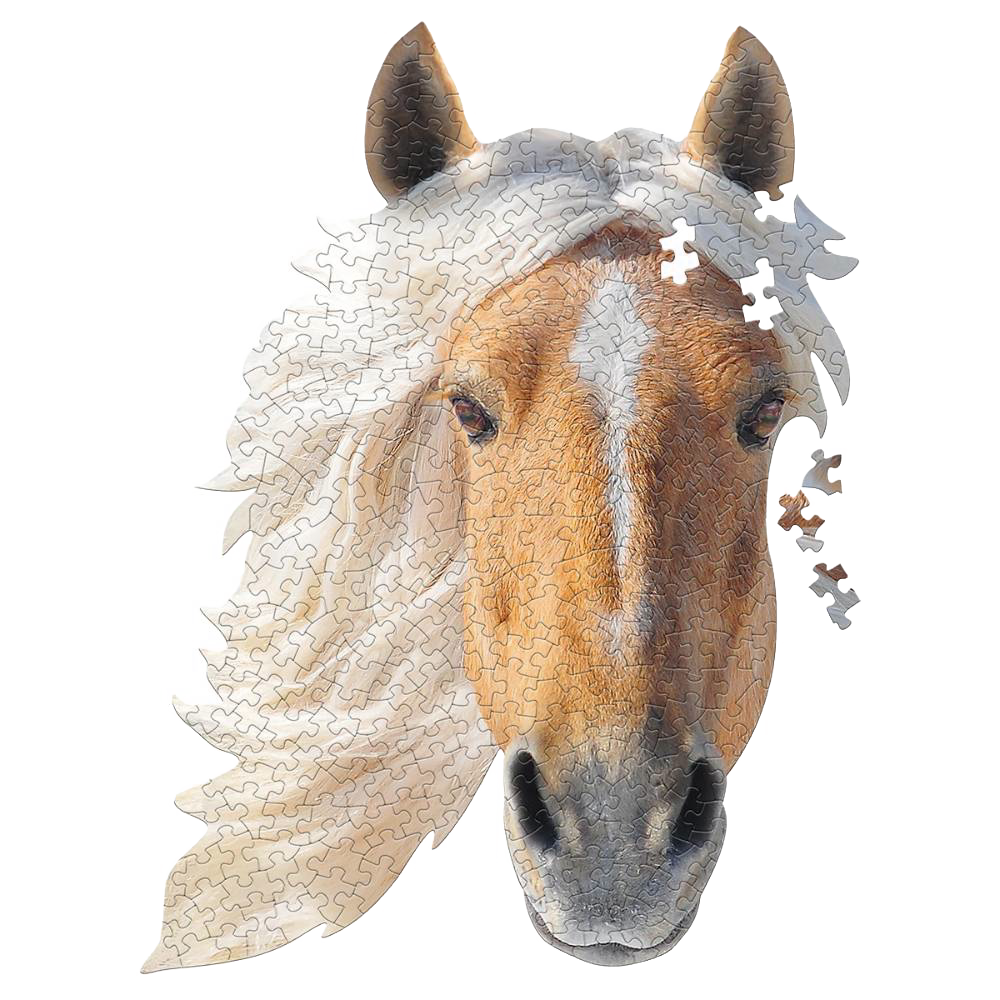 Horse head-shaped jigsaw puzzle featuring a detailed horse portrait with flowing mane, handcrafted from premium chipboard, ideal for Toys, Books & Games and Children's Toys collections.