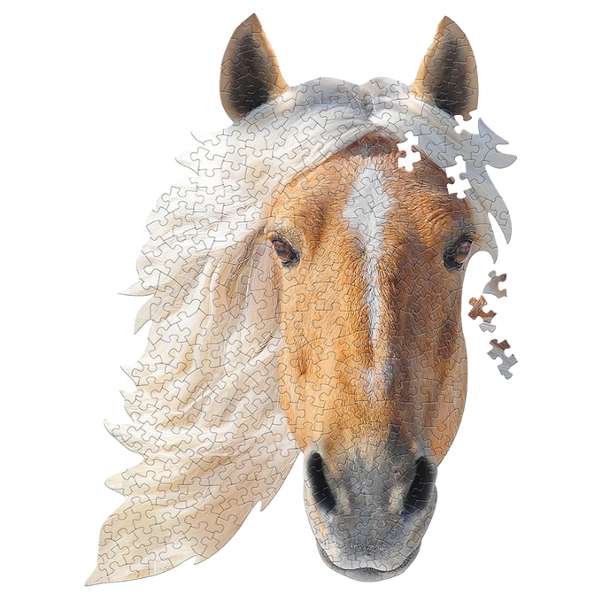 Horse head-shaped jigsaw puzzle featuring a detailed horse portrait with flowing mane, handcrafted from premium chipboard, ideal for Toys, Books & Games and Children's Toys collections.