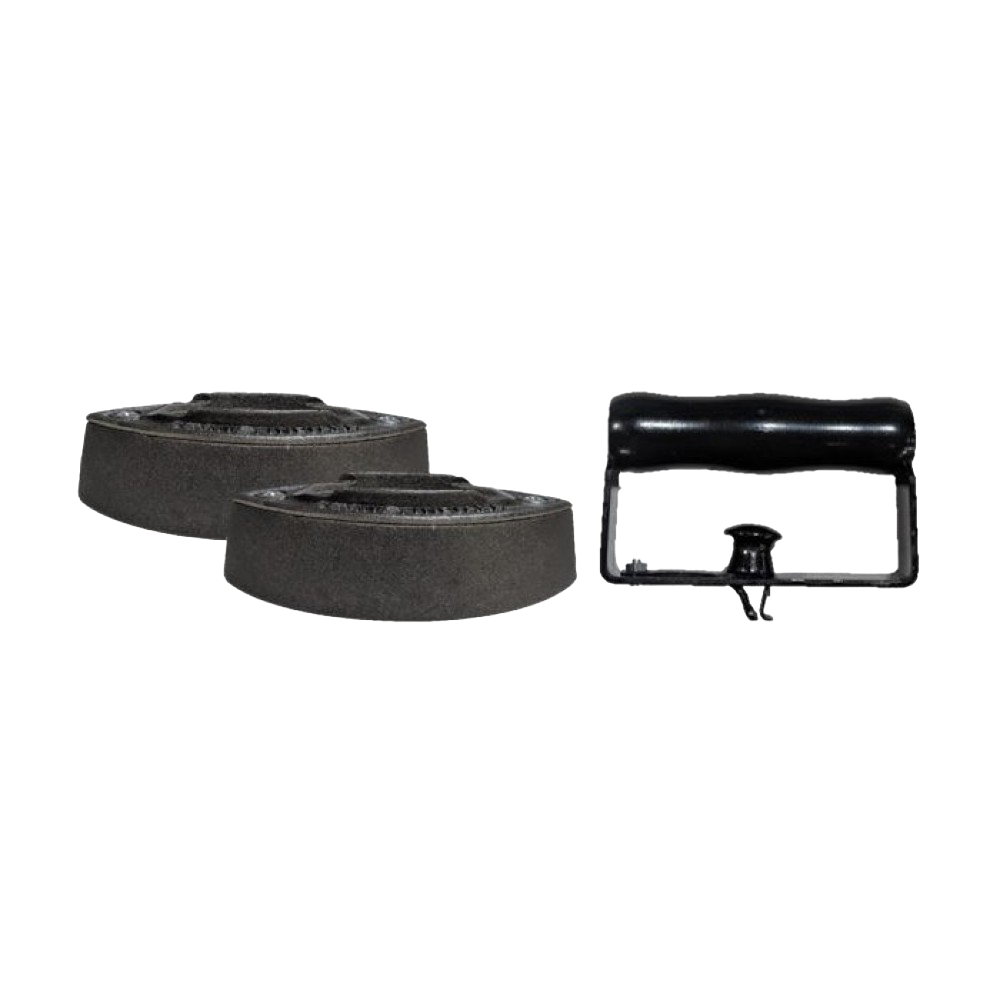 Handcrafted cast iron stove-heated base plates and detachable safety handle with black grip, made in USA, featured in Home & Decor and Laundry Supplies collections.