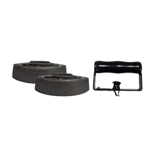 Handcrafted cast iron stove-heated base plates and detachable safety handle with black grip, made in USA, featured in Home & Decor and Laundry Supplies collections.