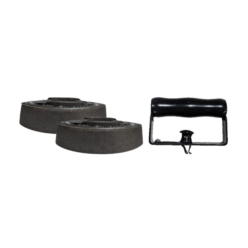 Handcrafted cast iron stove-heated base plates and detachable safety handle with black grip, made in USA, featured in Home & Decor and Laundry Supplies collections.