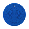 Round blue silicone coaster with a raised vintage lamp design and text, heat-resistant and non-slip, ideal for camping, lamps & lighting, and outdoor use accessories.