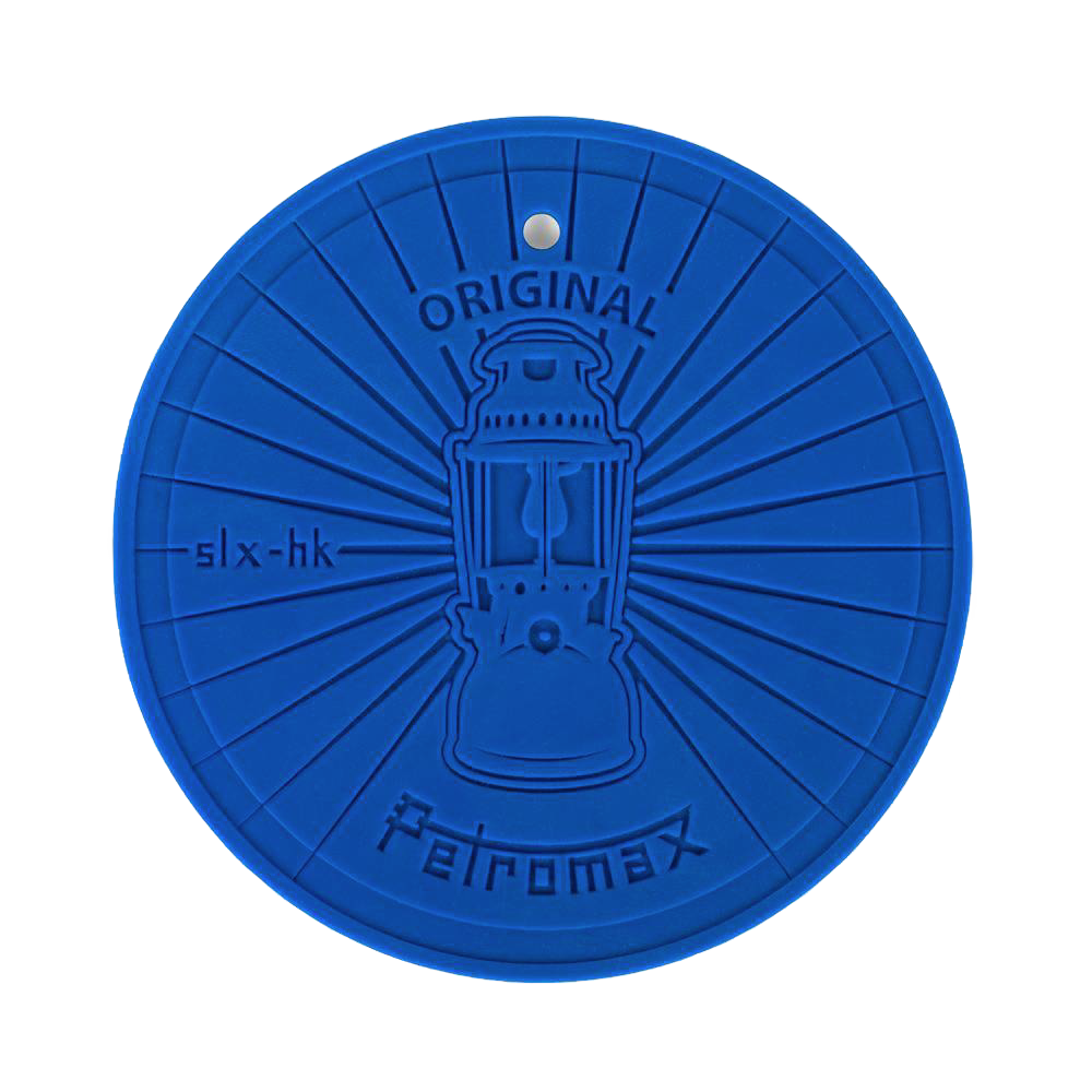 Round blue silicone coaster with a raised vintage lamp design and text, heat-resistant and non-slip, ideal for camping, lamps & lighting, and outdoor use accessories.