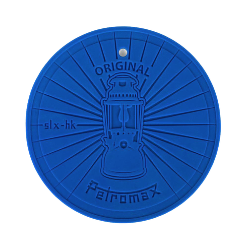 Round blue silicone coaster with a raised vintage lamp design and text, heat-resistant and non-slip, ideal for camping, lamps & lighting, and outdoor use accessories.