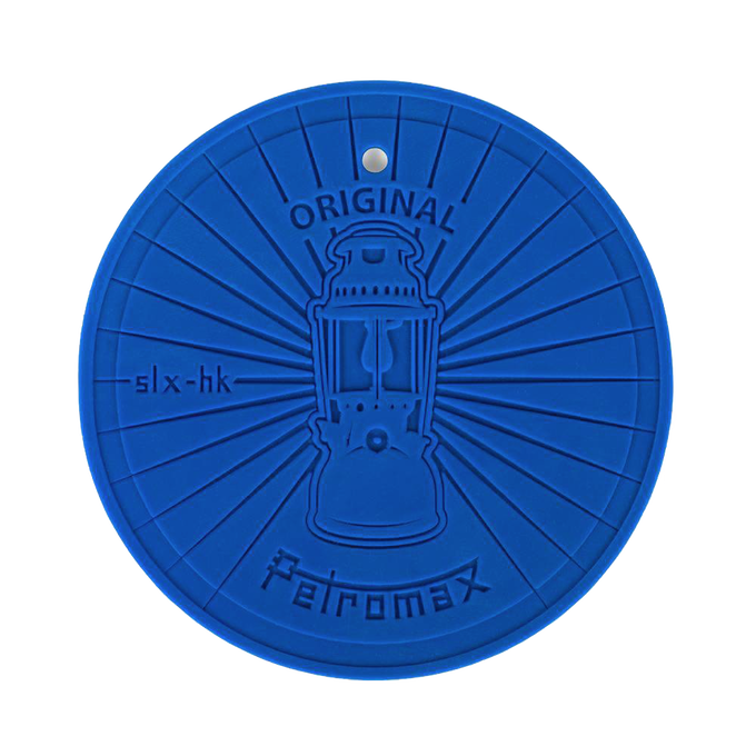 Round blue silicone coaster with a raised vintage lamp design and text, heat-resistant and non-slip, ideal for camping, lamps & lighting, and outdoor use accessories.