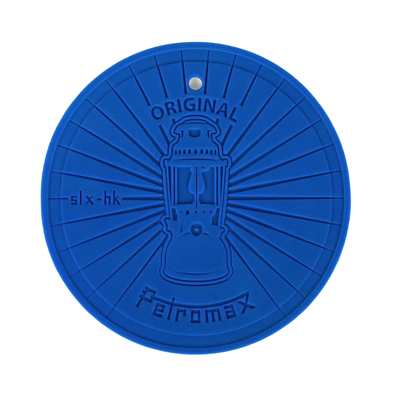 Round blue silicone coaster with a raised vintage lamp design and text, heat-resistant and non-slip, ideal for camping, lamps & lighting, and outdoor use accessories.