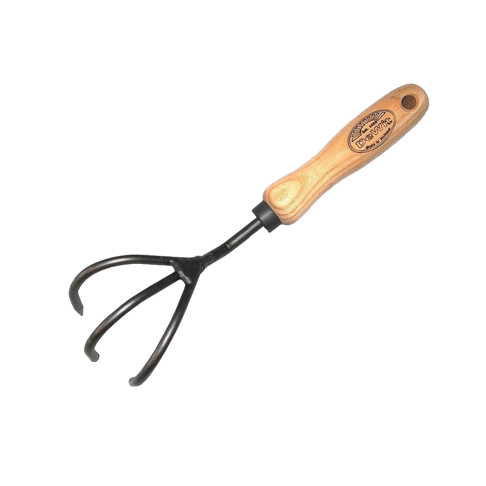 Handcrafted garden cultivator with three curved metal tines and smooth wooden handle, designed for digging and cultivating in Farm, Garden & Tool and Garden Accessories collections.