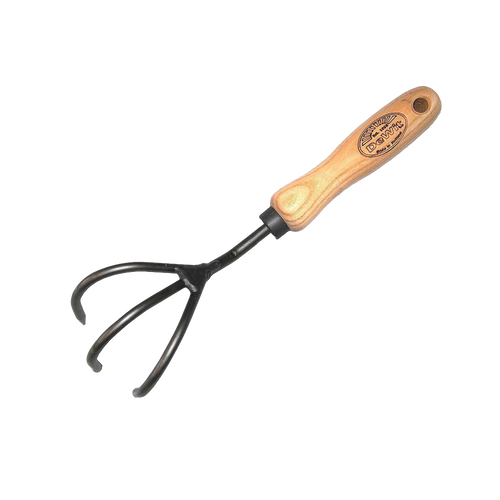 Handcrafted garden cultivator with three curved metal tines and smooth wooden handle, designed for digging and cultivating in Farm, Garden & Tool and Garden Accessories collections.