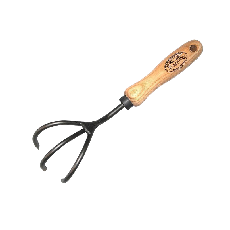 Handcrafted garden cultivator with three curved metal tines and smooth wooden handle, designed for digging and cultivating in Farm, Garden & Tool and Garden Accessories collections.