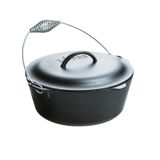 Pre-seasoned cast iron Dutch oven with spiral bail handle and self-basting lid, designed for even cooking and suitable for Kitchen & Food, Cookware, Cast Iron, USA Made, and Best Sellers collections.
