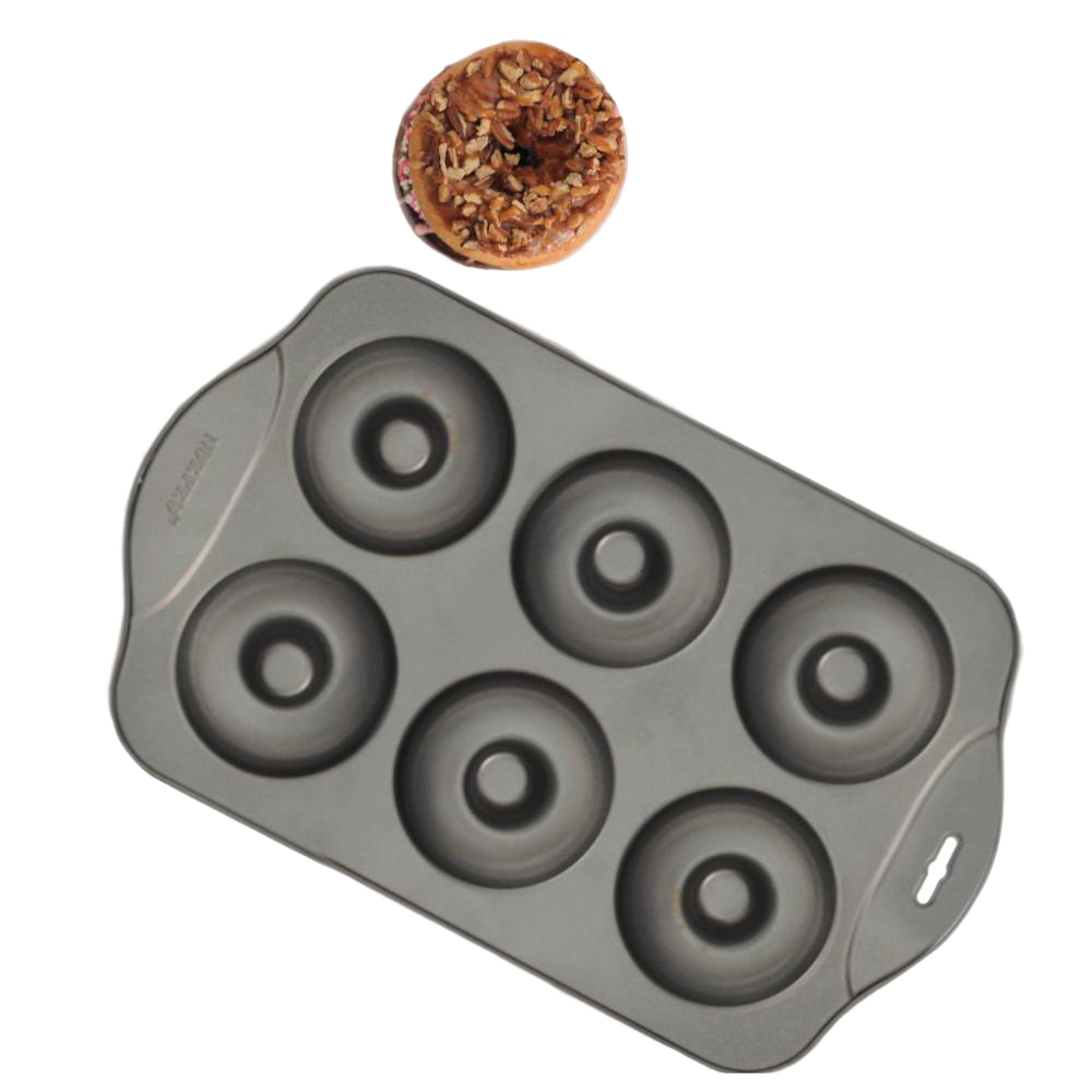 Handcrafted durable nonstick donut pan with six cavities for perfectly sized 3-1/2 inch donuts, ideal for healthier baking, featured in Kitchen & Food, Cookware, Baking Supplies, and Best Sellers collections.
