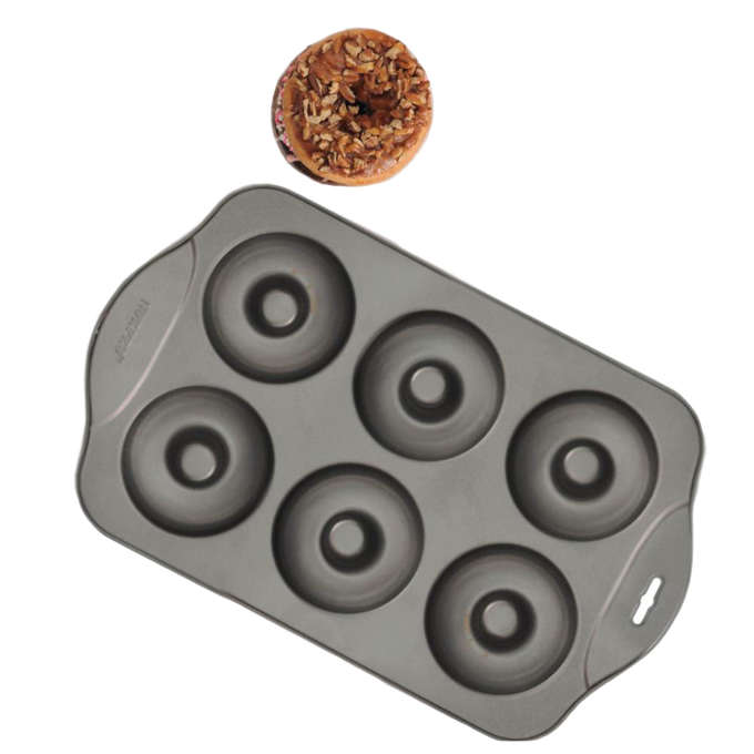 Handcrafted durable nonstick donut pan with six cavities for perfectly sized 3-1/2 inch donuts, ideal for healthier baking, featured in Kitchen & Food, Cookware, Baking Supplies, and Best Sellers collections.