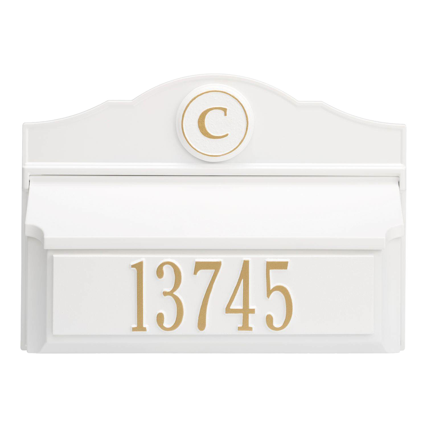 Elegant handcrafted white and gold wall-mount mailbox with personalized house number and monogram, made in USA, ideal for enhancing curb appeal in Home & Decor collections.