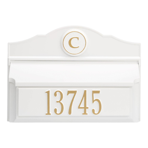 Elegant handcrafted white and gold wall-mount mailbox with personalized house number and monogram, made in USA, ideal for enhancing curb appeal in Home & Decor collections.