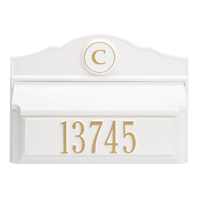 Elegant handcrafted white and gold wall-mount mailbox with personalized house number and monogram, made in USA, ideal for enhancing curb appeal in Home & Decor collections.